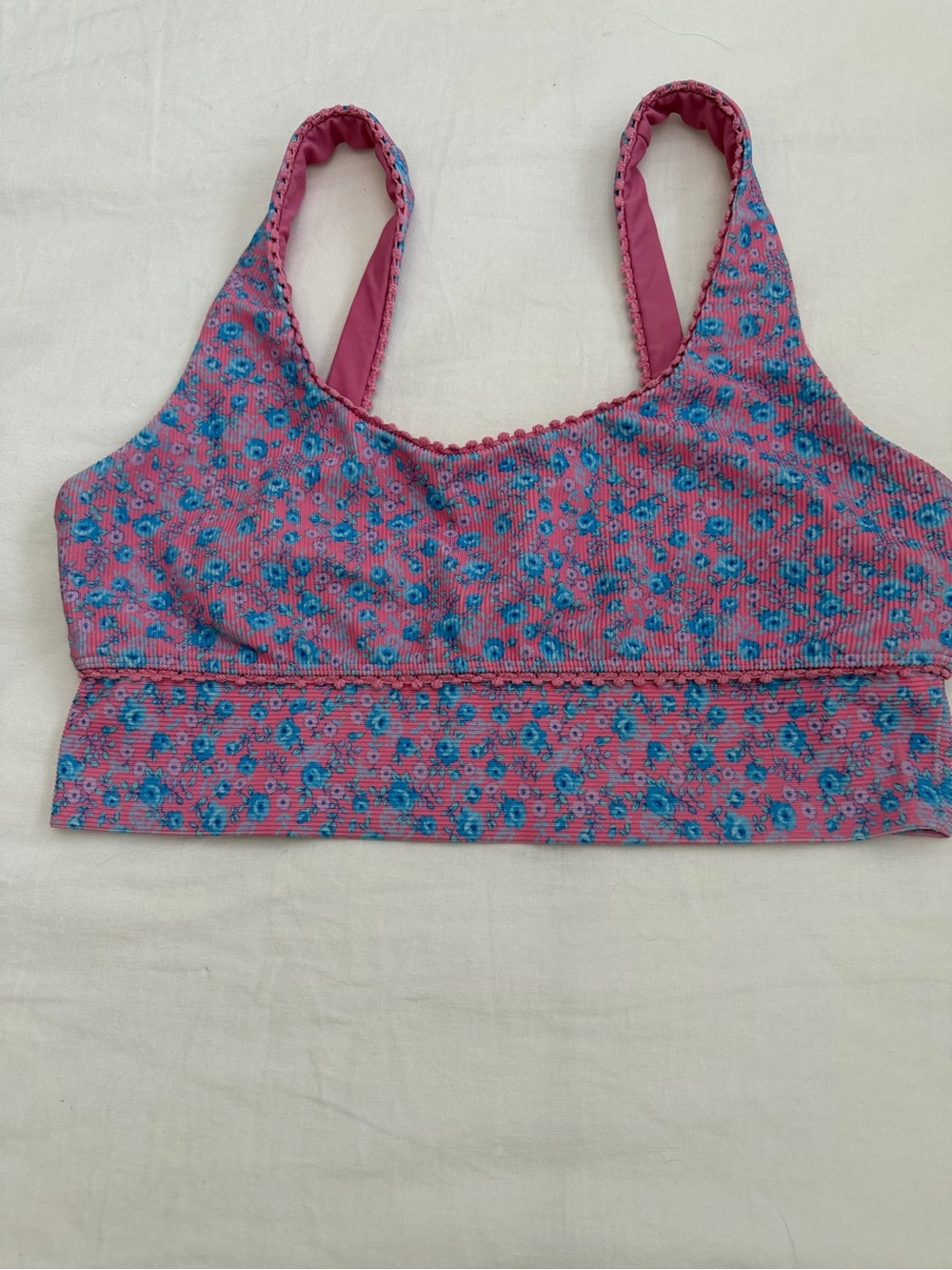 LoveShackFancy Pink Floral Sports Bra with Blue Accents